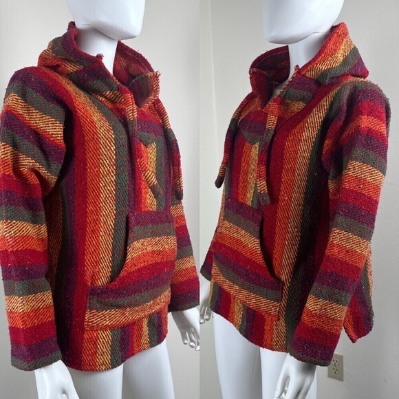 Tiaxcala Size M Pullover Stripped Mexican Poncho Colorful Hoodie Sweater Boho - Picture 3 of 6